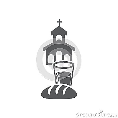 Vector illustration of the building of church and glass with water and loaf of bread Stock Photo