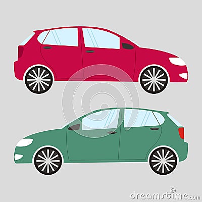 Set of two isolated cars in flat style. Red and green car Vector Illustration