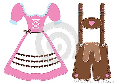 Set Of Two Oktoberfest Icons Dirndl And Leather Trousers Vector Illustration