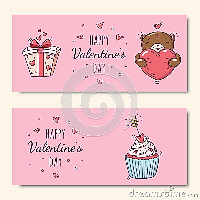 Set of two pink horizontal banners with cupcake and teddy bear and gift box in doodle style for Valentine s Day Vector Illustration