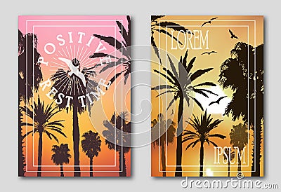 Set of two posters, silhouettes of palm trees against the sky. Logo from seagulls, birds, positive mood. Vector Illustration