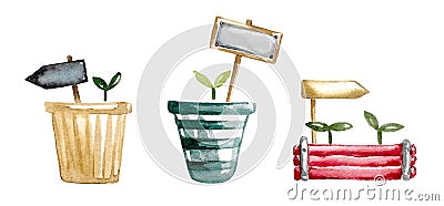 Set of two pots and a red box for growing young shoots with labels for writing. Cartoon Illustration