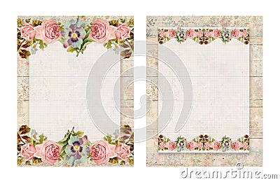 Set of two Printable vintage shabby chic style floral rose stationary on wood background Stock Photo