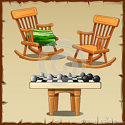 Set of two rocking chairs with checkers on wooden Vector Illustration