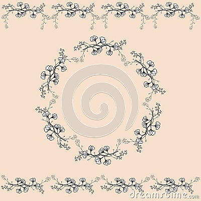 Set of two seamless horizontal ornaments and vintage openwork wreath. Openwork black and white handmade vector isolated drawing. Vector Illustration