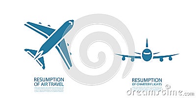 A set of two simple isolated icons, blue planes. Top view and front view. Vector Illustration