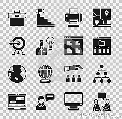 Set Two sitting men talking, Hierarchy organogram chart, Browser files, Printer, Human with lamp bulb, Target arrow Vector Illustration