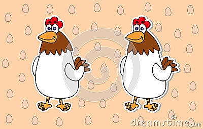 Set of two stickers of farm hens white and brown color on eggs background - vector Stock Photo