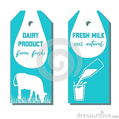 Set of two tags with milk symbol. Cow, Milk pouring from a bottle in glass. Stock Photo