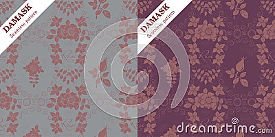 Set of two vector Damask seamless ornaments with wild rose motif Stock Photo