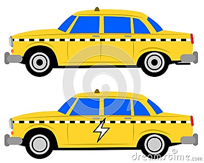 Set of two vector illustrations of American yellow old-fashioned cabs in classic and eco-friendly electric version Vector Illustration