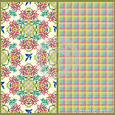 Set of two vector patterns. Floral hand drawn blue birds pattern and complementary gingham checkered pattern. Vector Illustration
