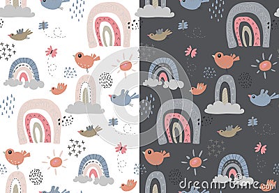 Set of two vector seamless patterns with rainbow, birds, clouds, sun, raindrop. Childish texture for fabric, textile. Vector Illustration