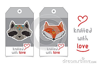 Set of two vector tags with knitted animals Vector Illustration