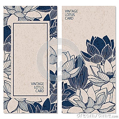 Set with two vector vintage cards with hand drawn lotus flowers and place for text Vector Illustration