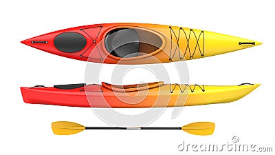 Set of two views plastic kayak yellow-red fire color withe oar. 3D render, isolated on white background. Stock Photo