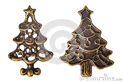 Set of two vintage brassy metal Christmas trees isolated on white background Stock Photo