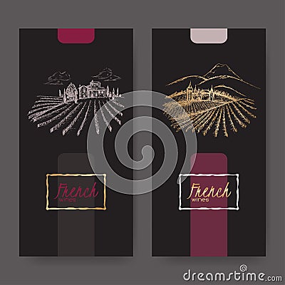 Set of two wine labels with vineyard landscapes. Vector Illustration