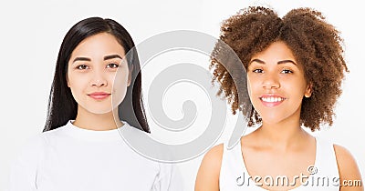 Set of two women faces asian and african american isolated on white background. Skin care, shampoo hairstyle concept. Multi ethnic Stock Photo