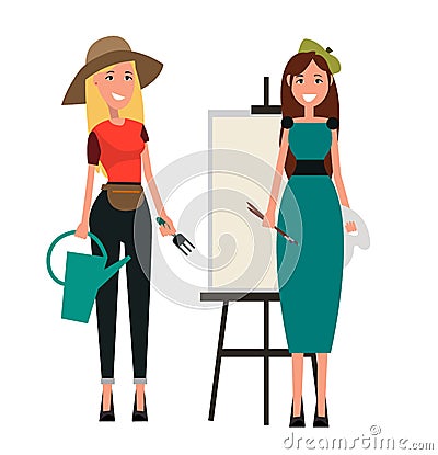 Set of Two Women. Gardener and Painter Flat Design Vector Illustration