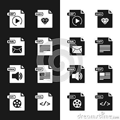 Set TXT file document, EML, GIF, RUBY, WMA, PDF, HTML and AVI icon. Vector Vector Illustration