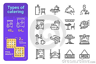 Set types of catering simple lines icons of fast, restaurant. Vector Illustration