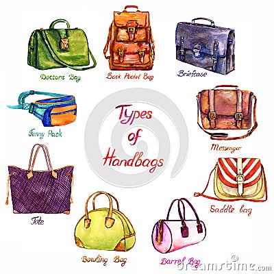 Set types of handbags: back pocket bag, briefcase, messenger, saddle, barrel, bowling, tote, fanny pack and doctors bag Cartoon Illustration