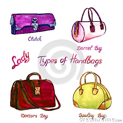 Set types of handbags lady: clutch, barrel, doctors and bowling bag Cartoon Illustration