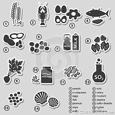 Set of typical food allergens for restaurants stickers Vector Illustration