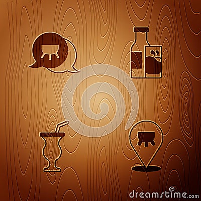 Set Udder, , Milkshake and Bottle milk and glass on wooden background. Vector Vector Illustration