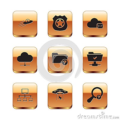 Set UFO flying spaceship and alien, Computer network, abducts cow, Unknown directory, Network cloud connection and Cloud Vector Illustration