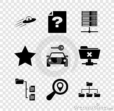 Set UFO flying spaceship and alien, Unknown document, Server, Data, Web Hosting, Folder tree, Search location and icon Vector Illustration