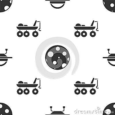 Set UFO flying spaceship, Moon and Mars rover on seamless pattern. Vector Vector Illustration