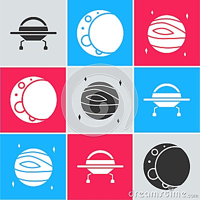 Set UFO flying spaceship, Moon and Planet Venus icon. Vector Vector Illustration