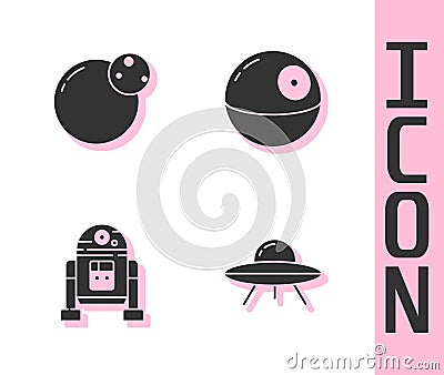 Set UFO flying spaceship, Planet, Robot and Death star icon. Vector Vector Illustration