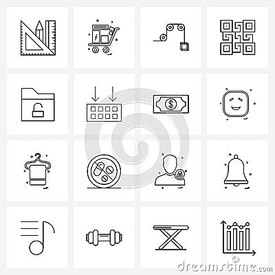 Set of 16 UI Icons and symbols for folder, tags, travel, qr, code Vector Illustration