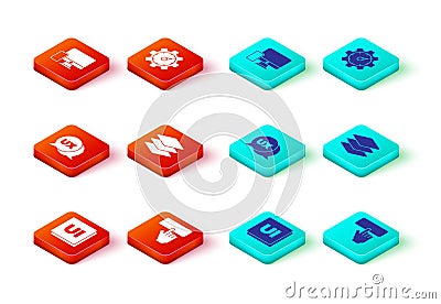 Set UI or UX design, Keyboard, Layers, Website statistic and Monitor and mobile icon. Vector Vector Illustration