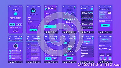 Set of UI, UX, GUI screens Cryptocurrency app flat design template for mobile apps, responsive website wireframes. Vector Illustration