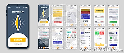 Set of UI, UX, GUI screens Cryptocurrency app flat design template for mobile apps Vector Illustration