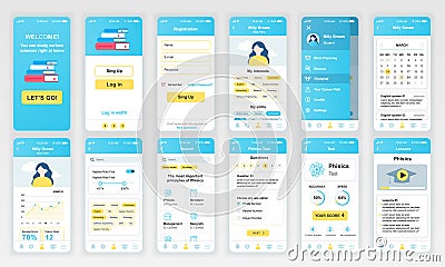 Set of UI, UX, GUI screens Education app flat design template for mobile apps, responsive website wireframes. Vector Illustration