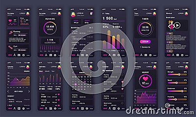 Set of UI, UX, GUI screens Fitness app flat design template for mobile apps, responsive website wireframes. Web design UI kit. Vector Illustration