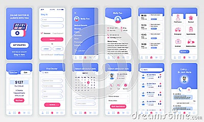 Set of UI, UX, GUI screens Medicine app flat design template for mobile apps, responsive website wireframes. Vector Illustration