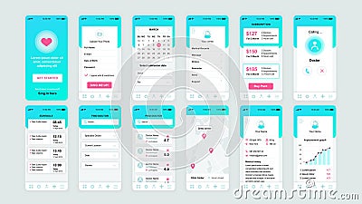 Set of UI, UX, GUI screens Medicine app flat design template for mobile apps, responsive website wireframes. Web design UI kit. Vector Illustration
