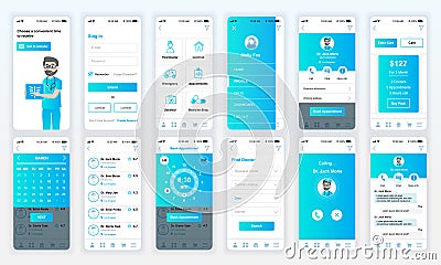 Set of UI, UX, GUI screens Medicine app flat design template for mobile apps, responsive website wireframes. Vector Illustration