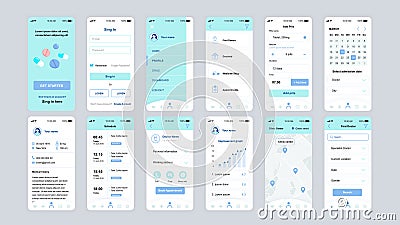 Set of UI, UX, GUI screens Medicine app flat design template for mobile apps, responsive website wireframes. Vector Illustration