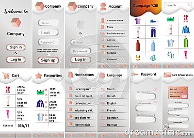 Set of UI, UX, GUI screens Shopping app flat design template for IOS UI kit. Shopping Dashboard. Shopping app mobile UI design in Vector Illustration