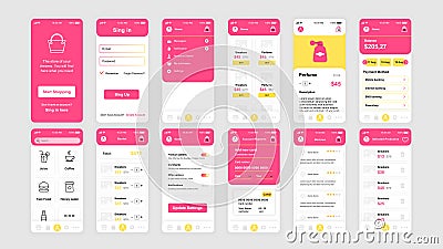 Set of UI, UX, GUI screens Shopping app flat design template for mobile apps, responsive website wireframes. Vector Illustration