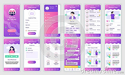 Set of UI, UX, GUI screens Social Network app flat design template for mobile apps, responsive website wireframes. Vector Illustration