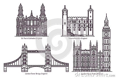 Set of UK or England famous architecture landmarks Vector Illustration