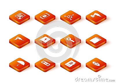 Set Umbrella, Bluetooth speakers, Drill machine, Power bank, Micro SD memory card and Key icon. Vector Stock Photo